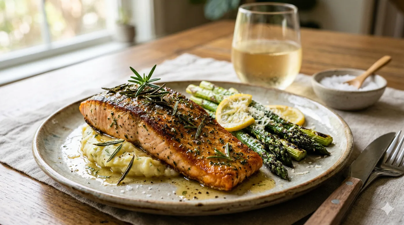 Salmón sellado en ghee de romero